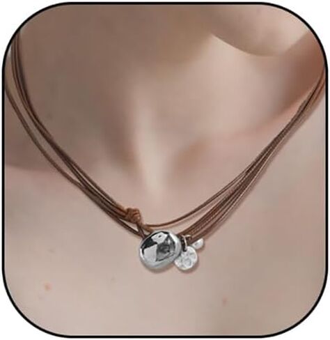 Layered Leather Love Heart Choker Necklace Boho Coin Clavicle Necklace Geometric Ellipse stone Statement Clavicle Cord for Women Men Girls Gift in Saudi Arabia