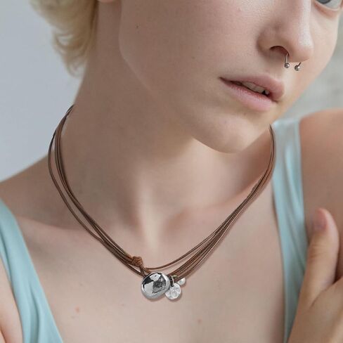 Layered Leather Love Heart Choker Necklace Boho Coin Clavicle Necklace Geometric Ellipse stone Statement Clavicle Cord for Women Men Girls Gift in Saudi Arabia