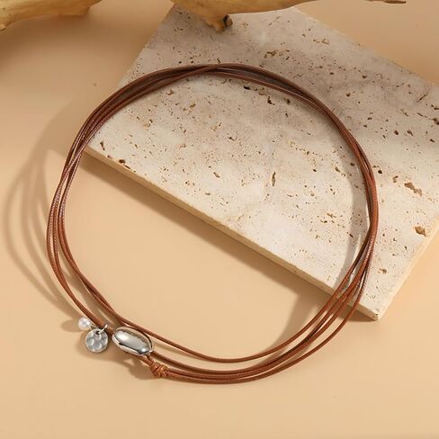 Layered Leather Love Heart Choker Necklace Boho Coin Clavicle Necklace Geometric Ellipse stone Statement Clavicle Cord for Women Men Girls Gift in Saudi Arabia