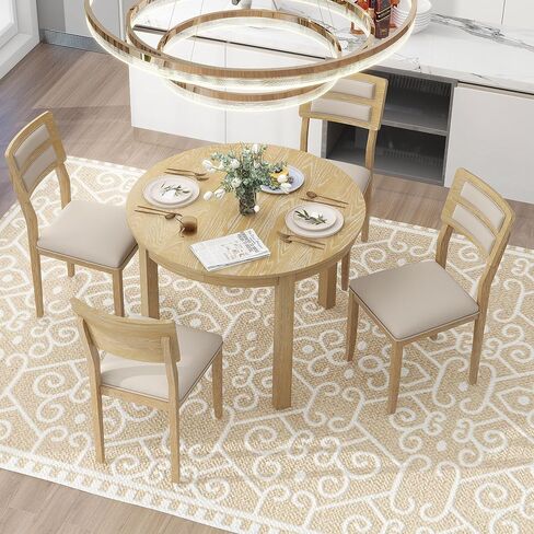 NicBex Dining Room Table Set for 4 Table Set 5-Piece Multifunctional Dining Table Set with Extendable Round Table, 2 Small Drawers and 4 Upholstered Dining Chairs for Kitchen, Natural Wood Wash in Saudi Arabia