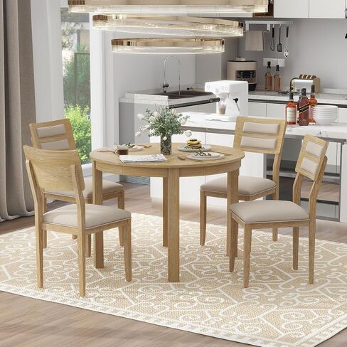 NicBex Dining Room Table Set for 4 Table Set 5-Piece Multifunctional Dining Table Set with Extendable Round Table, 2 Small Drawers and 4 Upholstered Dining Chairs for Kitchen, Natural Wood Wash in Saudi Arabia