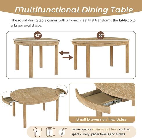 NicBex Dining Room Table Set for 4 Table Set 5-Piece Multifunctional Dining Table Set with Extendable Round Table, 2 Small Drawers and 4 Upholstered Dining Chairs for Kitchen, Natural Wood Wash in Saudi Arabia