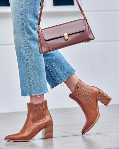 Womens Booties Pointed Toe Stacked Heel Fashion Chelsea Ankle Boots in Kuwait
