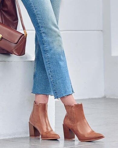 Womens Booties Pointed Toe Stacked Heel Fashion Chelsea Ankle Boots in Kuwait