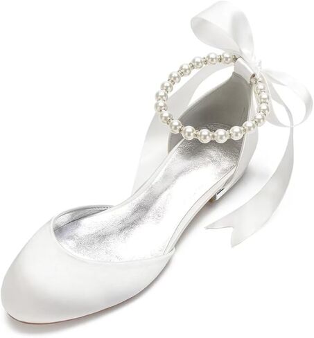 Wedding Shoes Flats for Bride Satin Pearls Round Toe Women Dress Shoes for Special Occasions in Kuwait