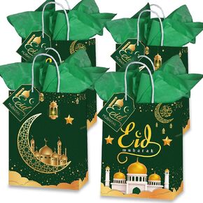 ديكورات LyhongParty عيد مبارك، 16 قطعة من أكياس هدايا عيد مبارك، تتضمن بطاقات هدايا وورق مناديل، حقائب هدايا عيد رمضان، زينة العيد، حقائب هدايا العيد (أسود)