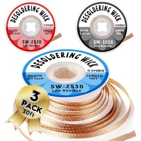 SYOKO 3 Pack Desoldering Wick, Braid Length 10ft/3M Width 2.0mm, No-Clean Solder Remover Wick, Used to Remove the Solder and Disassemble Electronic Components - (SW-2030)