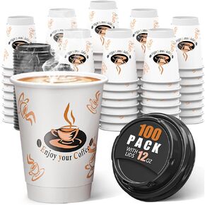100 Pack 12 oz Double Wall Disposable Paper Coffee Cups with Lids, Insulated To Go Coffee Cup, Hot Drinking Cups for Daily use
