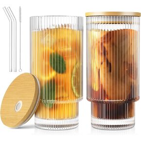 16OZ Glass Cups with Lids and Straws, Vintage Ribbed Glassware for Whiskey Cocktail Beer, Iced Coffee Cups with Lid, Glass Tumbler with Straw and Lid (2 PACK)