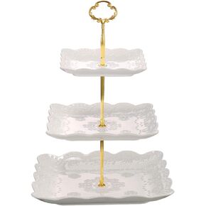 Sumerflos 3 Tier Porcelain Cupcake Stand, Tiered Serving Cake Stand, Square White Embossed Dessert Stand, Weddings Parties Pastry Serving Tray