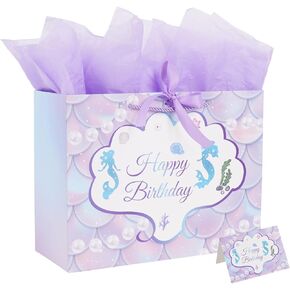 Linelglobal Large Mermaid Gift Bag with Wrapping Paper for Women Girl Birthday 12.6"