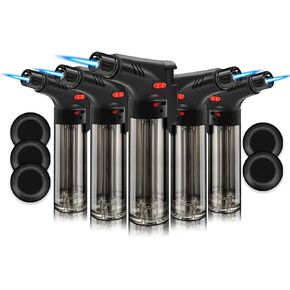 5 Pack of Torch Lighter, Powerful Windproof Jet Flame, Butane Gas Refill, with Safety Lock, Mini Blow Torch Lighters for Candle, Firework (NO Gas)