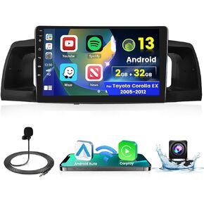 2+32G Android 13 Car Stereo Radio for Toyota Corolla EX 2005-2012, 9'' HD Touch Screen with Wireless CarPlay Android Auto, AHD Backup Camera, Mirror Link, GPS, WiFi, DSP