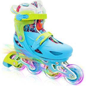 Blue Graffiti Light up Inline Skates for Girls Boys, 4 Size Adjustable Roller Shoes with Full Illuminating Wheels for Kids, Blades Roller Skates for Beginner Teens & Adult Youth