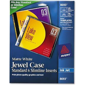 Avery 8693 Inkjet CD/DVD Jewel Case Inserts, Matte White, 20/Pack