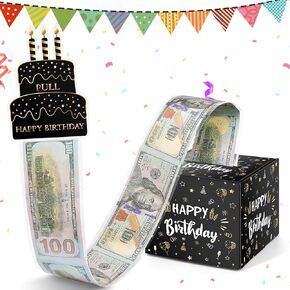 Happy Birthday Money Box for Cash Gift Pull - Birthday Gifts for Boys Girls - Birthday Surprise Gift Box - Money Gift Ideas - DIY Money Pull Box - Birthday Decorations for Men Women - Black