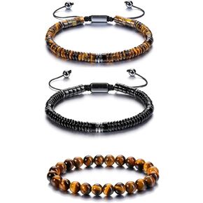 Jovivi Bundle of 3pcs Healing Crystal Bracelet for Men Hematite Black Obsidian Tiger Eye Gemstone Beaded Bracelets