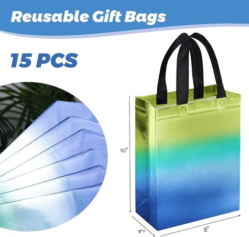 STARRKY 15PCS Gradient Gift Bags, Blue and Green Reusable Medium-Sized Gift Bags with Iridescent Finish Party Favor Bags with Handles for Birthdays and Goodies in Saudi Arabia