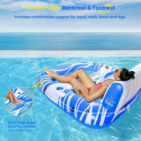 Inflatable Pool Float Lounger Adults with 2 Cup Holders, 2 Handles, Backrest & Footrest, Pool Floaties raft for Swimming Lake River Beach Floats, Water Floaty Adults Teens in Saudi Arabia