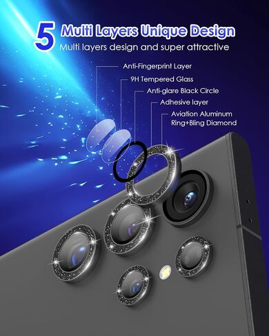 for Galaxy S24 Ultra Camera Lens Protector Individual Aluminium Alloy Ring 9H Tempered Glass Decorative Accessories Camera Cover for Samsung Galaxy S24 Ultra CD Texture Black in Kuwait