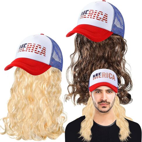 2 Pcs Mullet Hat for Men 4th of July Wig Cap with Blonde, Brown Wig Patriotic USA Hats Independence Day Accessories in Saudi Arabia