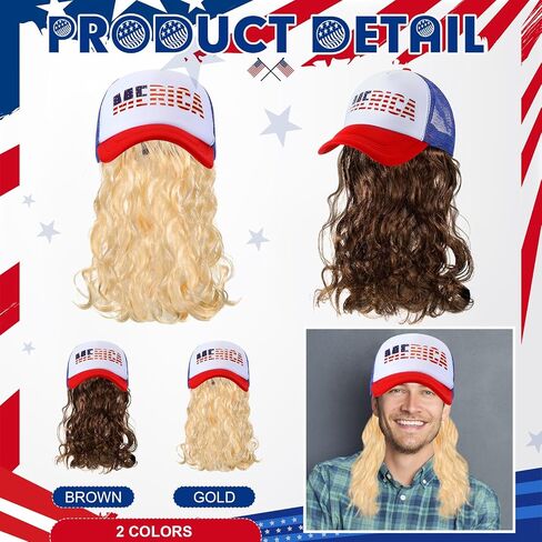 2 Pcs Mullet Hat for Men 4th of July Wig Cap with Blonde, Brown Wig Patriotic USA Hats Independence Day Accessories in Saudi Arabia