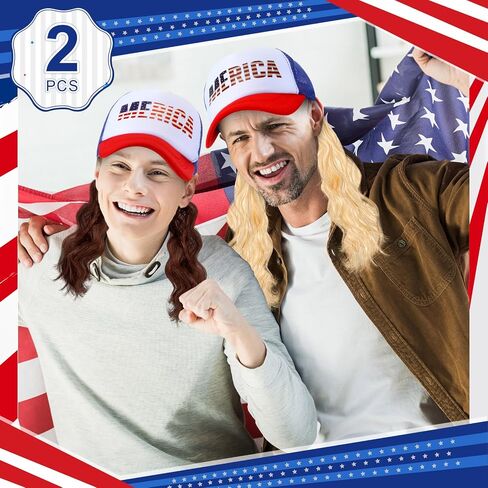 2 Pcs Mullet Hat for Men 4th of July Wig Cap with Blonde, Brown Wig Patriotic USA Hats Independence Day Accessories in Saudi Arabia