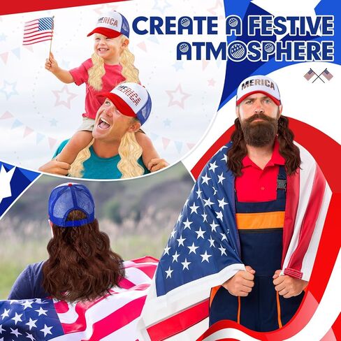 2 Pcs Mullet Hat for Men 4th of July Wig Cap with Blonde, Brown Wig Patriotic USA Hats Independence Day Accessories in Saudi Arabia