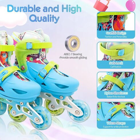 Blue Graffiti Light up Inline Skates for Girls Boys, 4 Size Adjustable Roller Shoes with Full Illuminating Wheels for Kids, Blades Roller Skates for Beginner Teens & Adult Youth in Kuwait