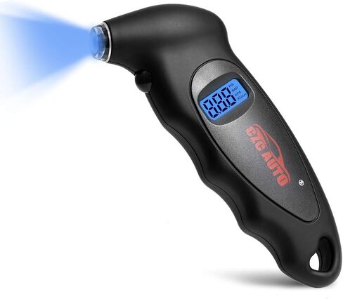 جهاز فحص قارئ قياس ضغط الإطارات الرقمي من CZC AUTO 4 إعدادات مقياس الإطارات PSI الرقمي مع فوهة مضيئة وإضاءة خلفية LCD لسيارة شاحنة دراجة نارية | قبضة مضادة للانزلاق، 0-150 رطل لكل بوصة مربعة (عبوة واحدة، أسود) in Kuwait