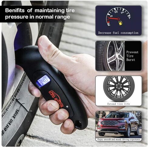 جهاز فحص قارئ قياس ضغط الإطارات الرقمي من CZC AUTO 4 إعدادات مقياس الإطارات PSI الرقمي مع فوهة مضيئة وإضاءة خلفية LCD لسيارة شاحنة دراجة نارية | قبضة مضادة للانزلاق، 0-150 رطل لكل بوصة مربعة (عبوة واحدة، أسود) in Kuwait