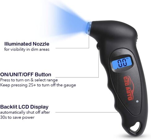جهاز فحص قارئ قياس ضغط الإطارات الرقمي من CZC AUTO 4 إعدادات مقياس الإطارات PSI الرقمي مع فوهة مضيئة وإضاءة خلفية LCD لسيارة شاحنة دراجة نارية | قبضة مضادة للانزلاق، 0-150 رطل لكل بوصة مربعة (عبوة واحدة، أسود) in Kuwait