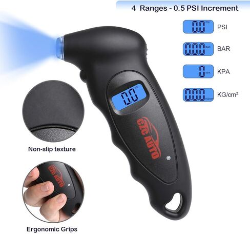 جهاز فحص قارئ قياس ضغط الإطارات الرقمي من CZC AUTO 4 إعدادات مقياس الإطارات PSI الرقمي مع فوهة مضيئة وإضاءة خلفية LCD لسيارة شاحنة دراجة نارية | قبضة مضادة للانزلاق، 0-150 رطل لكل بوصة مربعة (عبوة واحدة، أسود) in Kuwait