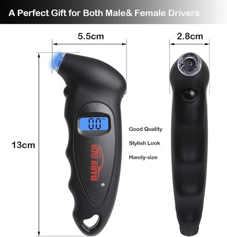 جهاز فحص قارئ قياس ضغط الإطارات الرقمي من CZC AUTO 4 إعدادات مقياس الإطارات PSI الرقمي مع فوهة مضيئة وإضاءة خلفية LCD لسيارة شاحنة دراجة نارية | قبضة مضادة للانزلاق، 0-150 رطل لكل بوصة مربعة (عبوة واحدة، أسود) in Kuwait