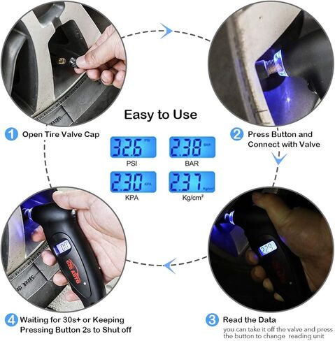 جهاز فحص قارئ قياس ضغط الإطارات الرقمي من CZC AUTO 4 إعدادات مقياس الإطارات PSI الرقمي مع فوهة مضيئة وإضاءة خلفية LCD لسيارة شاحنة دراجة نارية | قبضة مضادة للانزلاق، 0-150 رطل لكل بوصة مربعة (عبوة واحدة، أسود) in Kuwait