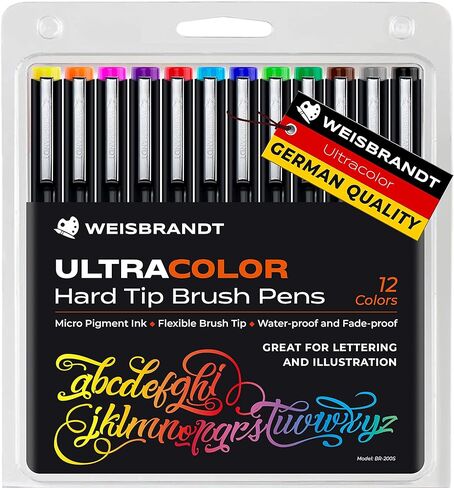 أقلام تحديد فرشاة ذات طرف صلب من UltraColor، عبوة من 12 قطعة، أداة كتابة متعددة الوظائف، حبر صغير الصبغة، طرف فرشاة مرن، مقاوم للماء والبهتان، رائع للحروف والتوضيح in Kuwait