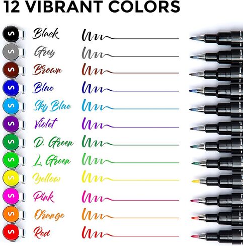 أقلام تحديد فرشاة ذات طرف صلب من UltraColor، عبوة من 12 قطعة، أداة كتابة متعددة الوظائف، حبر صغير الصبغة، طرف فرشاة مرن، مقاوم للماء والبهتان، رائع للحروف والتوضيح in Kuwait
