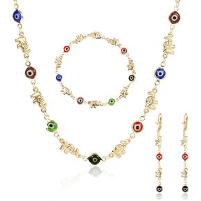 14K Gold Plated Evil Eye Braceles Earrings and Necklace for Women Elephant Jewelry Set