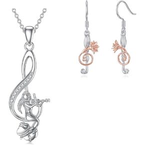 925 Sterling Silver Music Note Jewelry Violin Necklace and Lily Flower Earrings Music Jewelry Gifts for Women Girls