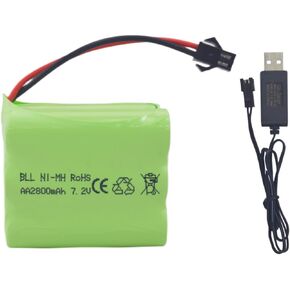 Fytoo AA 7.2V 2800mah RC Battery Pack with SM-2P Plug with USB Charging Cable for Toy Tanks Engineering Department Flatbed Semi-Trailer Truck RC Remote Control Car Ni-MH high Capacity Battery