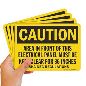 SmartSign Caution - Area In Front Of Electrical Panel Must Be Kept Clear For 36 Inches, OSHA Sticker Labels with SuperStick Adhesive, 5 mil Laminated Polyester Stickers (Pack of 4) 5" x 7" Black and Yellow