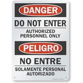 SmartSign-U9-1423-NA "Danger - Do Not Enter, Authorized Personnel Only" Bilingual Sign | 10" x 14" Aluminum , Black/Red on White