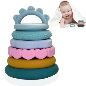 Stacks of Circles Soft Teething Toy, Silicone Baby Stacking Ring Toys, Baby Teethers, Educational Learning Baby Toys, Suitable for Babies Boys and Girls