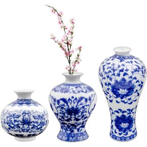 AuldHome Blue and White Porcelain Vases Set of 3, Mini Decorative Bud Vases for Farmhouse, Cottagecore, and Vintage Decor