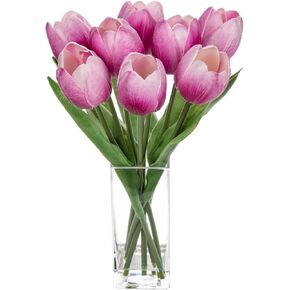 Briful Fake Flowers Artificial Tulip Flower Pink in Clear Vase, Real Touch Foam Tulip Arrangement Suitable for Home Office Decoration, Dining Table Centerpiece