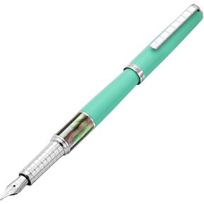 Xezo Speed Master Fountain Pen, Medium Nib, Matte Aqua Green with Tahitian Black Mother of Pearl. Lightweight Brass Body. Gift Box. No Two Alike. Etched With a Serial Number