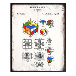 Rubiks Cube Patent Art - 8x10 Sign - Photo, Wall Poster Picture - Rustic Shabby Chic Home Decor for Kids, Family, Game or Living Room Decoration, Den - Gift for Nerds, Gamers, Puzzle, Toy Fan