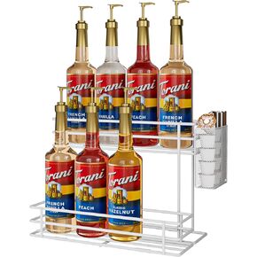 OVICAR Coffee Syrup Organizer Rack - 8 Syrup Bottle Holder Stand for Coffee Bar Coffee Station Accessories with Straw Coffee Pod Basket,2 Tiers Kitchen Countertop Storage for Syrup Wine Dressing Black