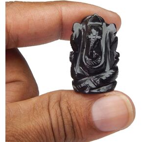 Natural Black Agate Gemstone Ganesha Statue Sculpture Sign of Success and Good Luck.