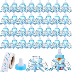 62 Pcs 3.5 Inch Baby Mini Milk Bottle Baby Shower Favor with 500 Adhesive Thank You for Showering Stickers, Small Plastic Bear Candy Bottle with Ribbon for Boy Girl Newborn Baptism Party Decor (Blue)